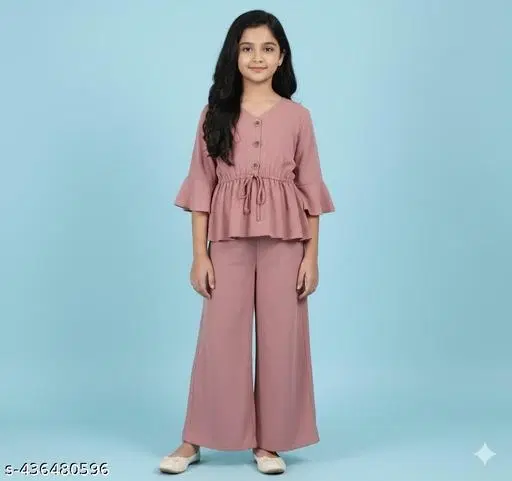 Polyester Solid Clothing Set for Girls, Peach (8-9 Years)