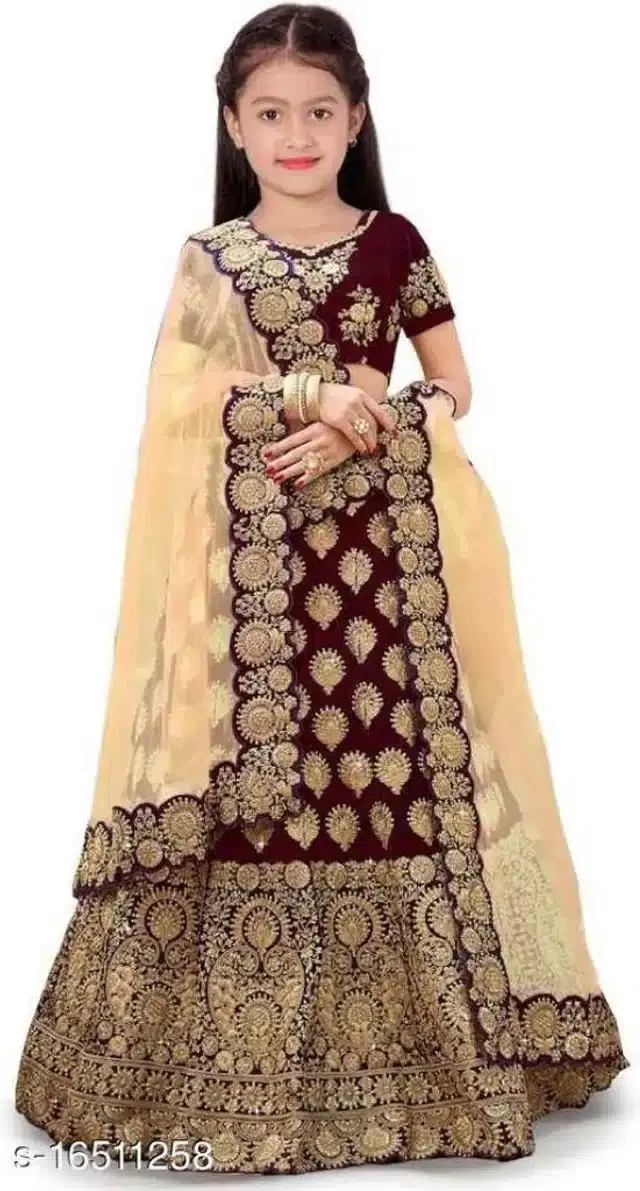 Net Embroidered Lehenga Choli for Girls (Maroon & Gold, 3-4 Years)