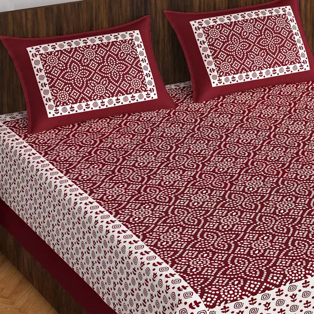 Cotton Rajasthani Jaipuri Double Bedsheet with 2 Pillow Covers Red&OffWhite 90x100 inches