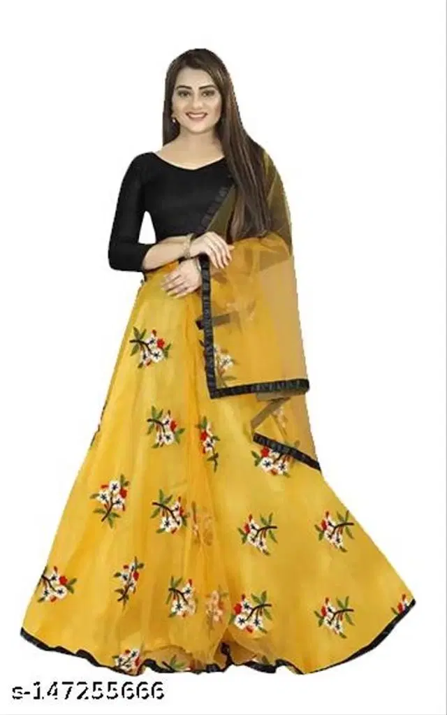 Net Lehenga with Choli & Dupatta for Women (Yellow & Black, Free Size)