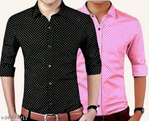 Cotton Blend Printed Shirts for Men, Black & Pink, Pack of 2 (L)