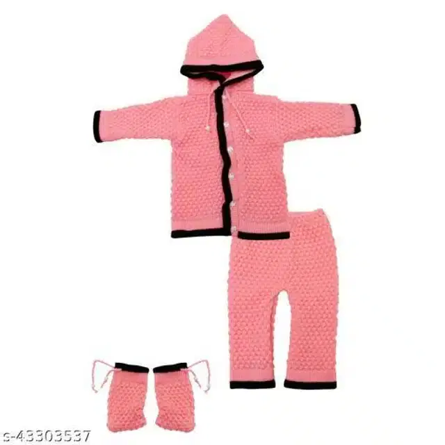 Woolen Solid Hooded Sweater with Pyjama & Socks for Kids (Peach, 0-3 Months)