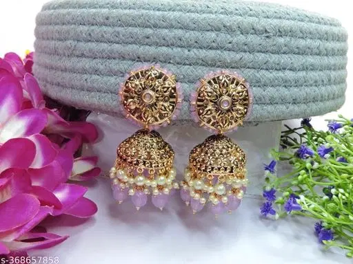 Gold Antique Statement Jhumkha for Women (Purple, Free Size)