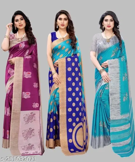 Art Silk Festive Saree for Women, Pack of 3 (Blue, Free Size)