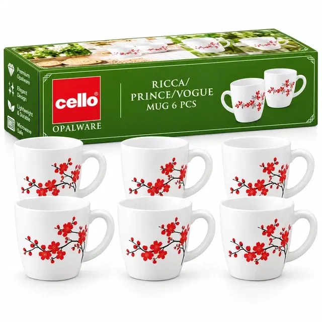 Cello Imperial Cherry Blossom Ricca Mug Small, 130ml | Set of 6 | Microwave & Dishwasher Safe | Chip-Resistant Opalware | For Tea, Coffee & Milk