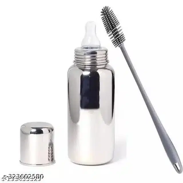 Stainless Steel Milk Bottle 250 ml with Brush for Baby, Silver, Set of 2