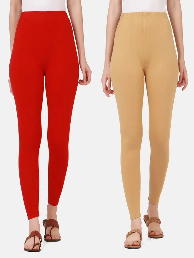 Cotton Solid Leggings for Women, Pack of 2 (Red & Beige, S)