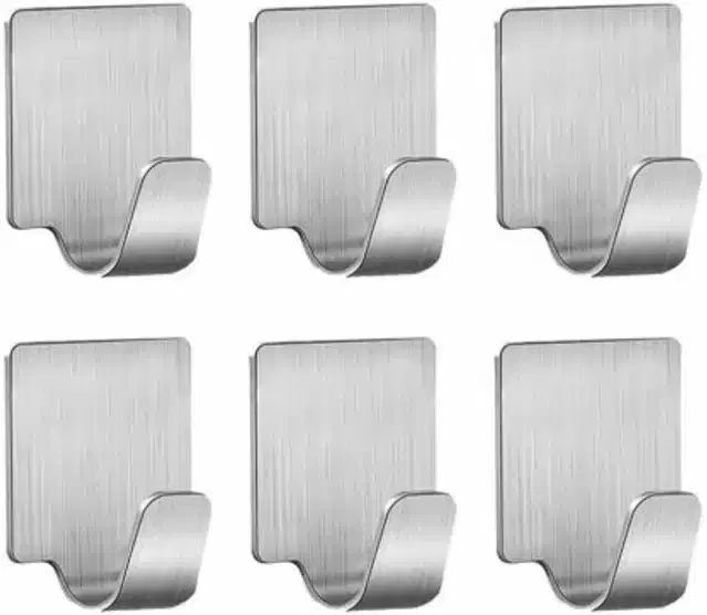 Stainless Steel Self Adhesive Wall Hooks, Steel, Pack of 6