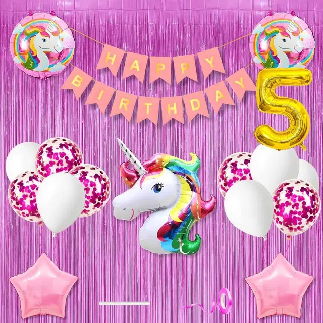 Unicorn Theme 5th Birthday Decoration Kit for Kids (Multicolor)Pcs Of 20 ,(Set Of 1)