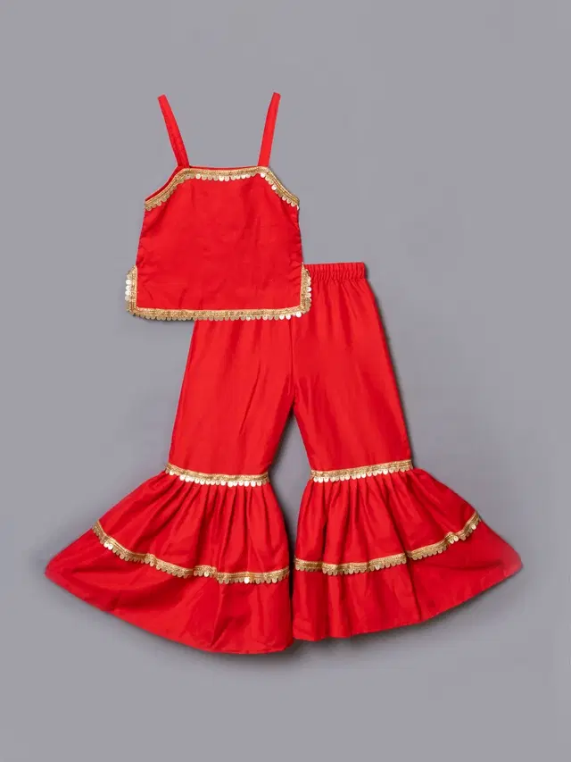 Rayon Sequinned Kurti with Sharara & Dupatta for Girls (Red, 2-3 Years)