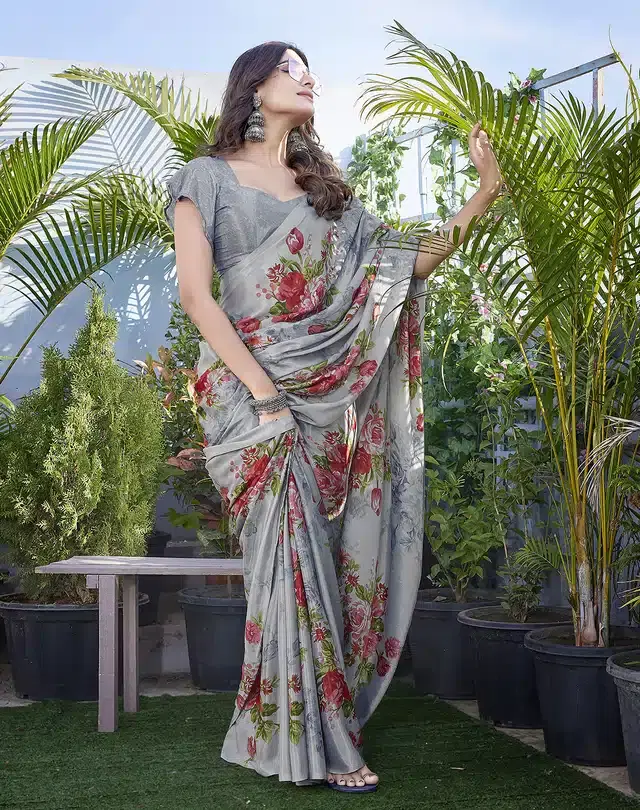 Chiffon Printed Saree for Women (Grey, 6 m)