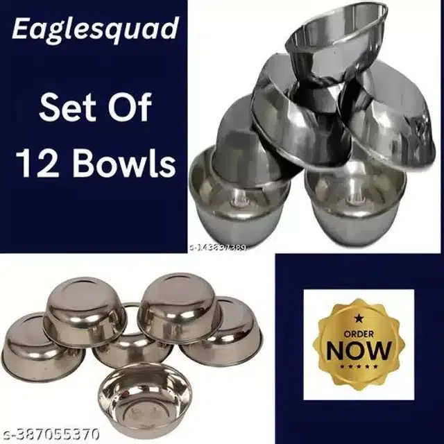 Stainless Steel Bowls, Silver, Pack of 12