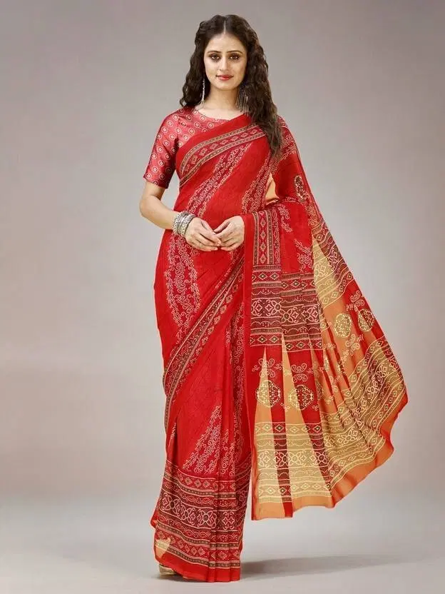 Georgette Printed Saree for Women, Red