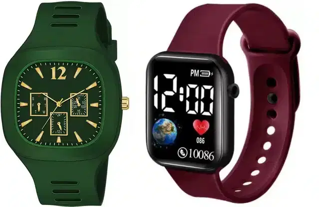 Analog with Smartwatch Combo for Men, Pack of 2 (Green & Maroon)