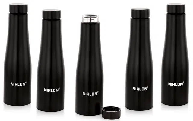 Nirlon Tall Bell Black Single Wall Stainless Steel Water Bottle, Set Of 5, 1000Ml|Black|100% Leak Proof|Office Bottle|Gym Bottle |Hiking |Treking Bottle|Travel Bottle|Fridge Bottle