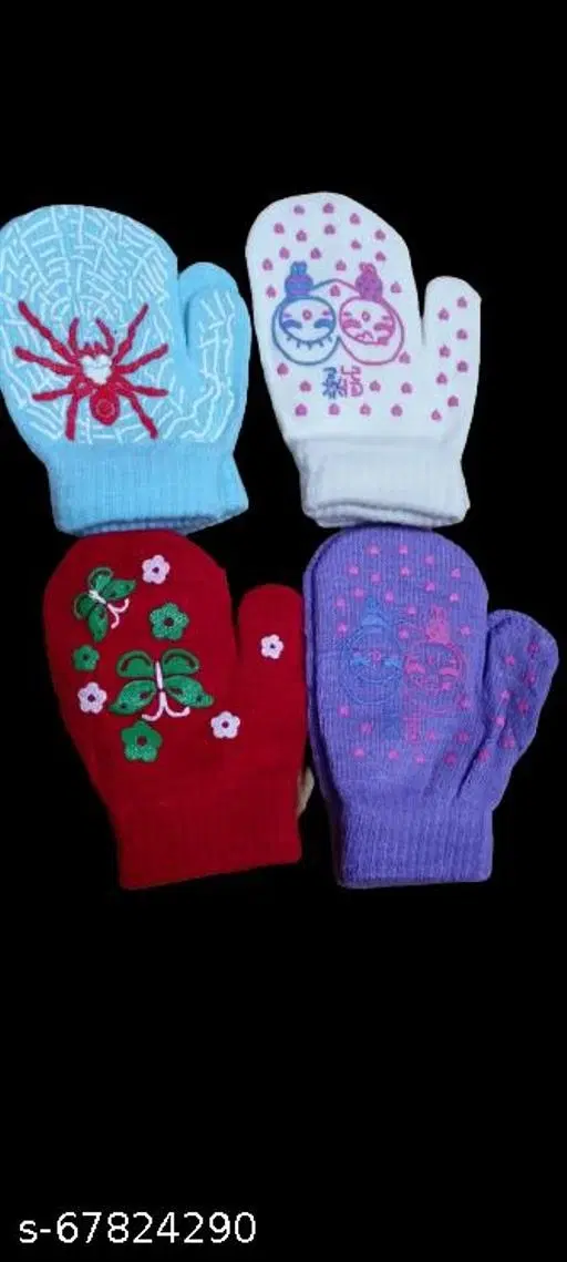 Cotton Blend Gloves for Kids, Set of 4 (Multicolor)