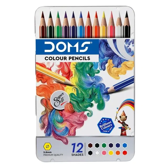 Doms Flat Tin 12 Shades Hexagonal Shaped Color Pencils [Set Of 12, Multicolor]