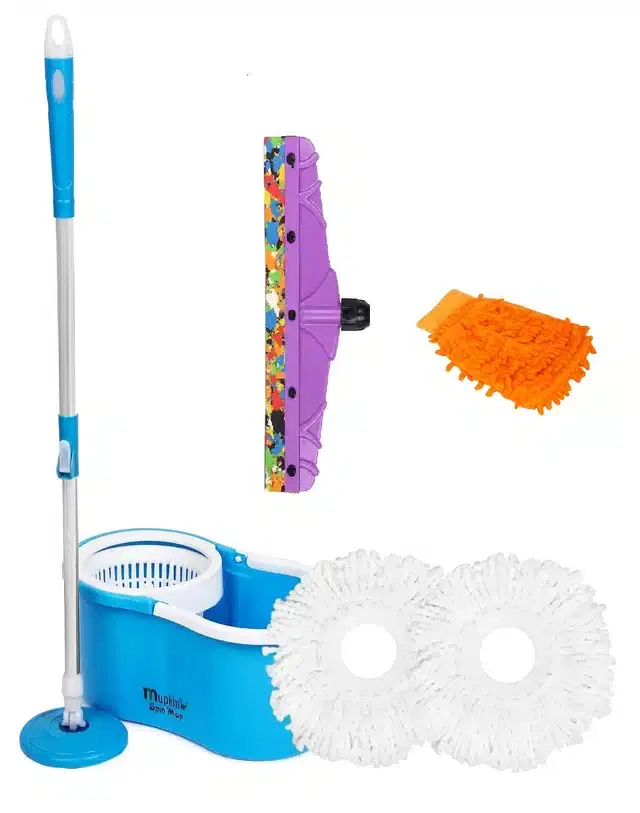 PVC Magic Spin Bucket Mop with 2 Refill & Cleaning Accessories Set, Blue, Set of 3