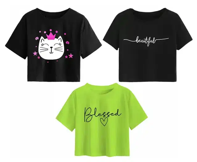 Cotton Printed Crop Tops for Girls, Pack of 3 (Multicolor, 11-12 Years)