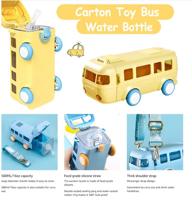 Plastic Bus Shape Sipper Bottle for Kids, Multicolor (1000 ml)