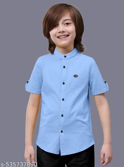 Solid Cotton Blend Mandarin Collar Short Sleeve Shirt for Boys (Aqua Blue, 6-7 Years)