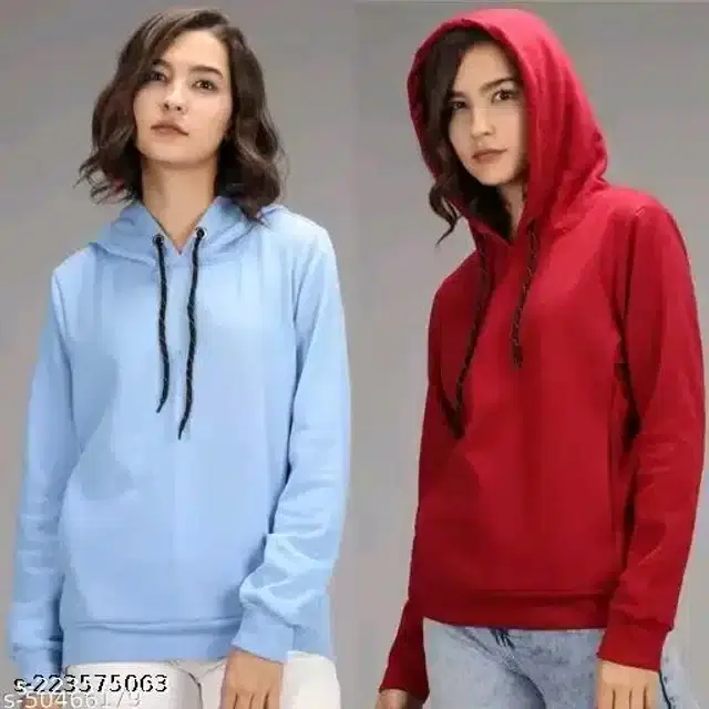 Full Sleeves Hooded Sweatshirt for Women, Combo of 2 (Aqua Blue & Red, M)