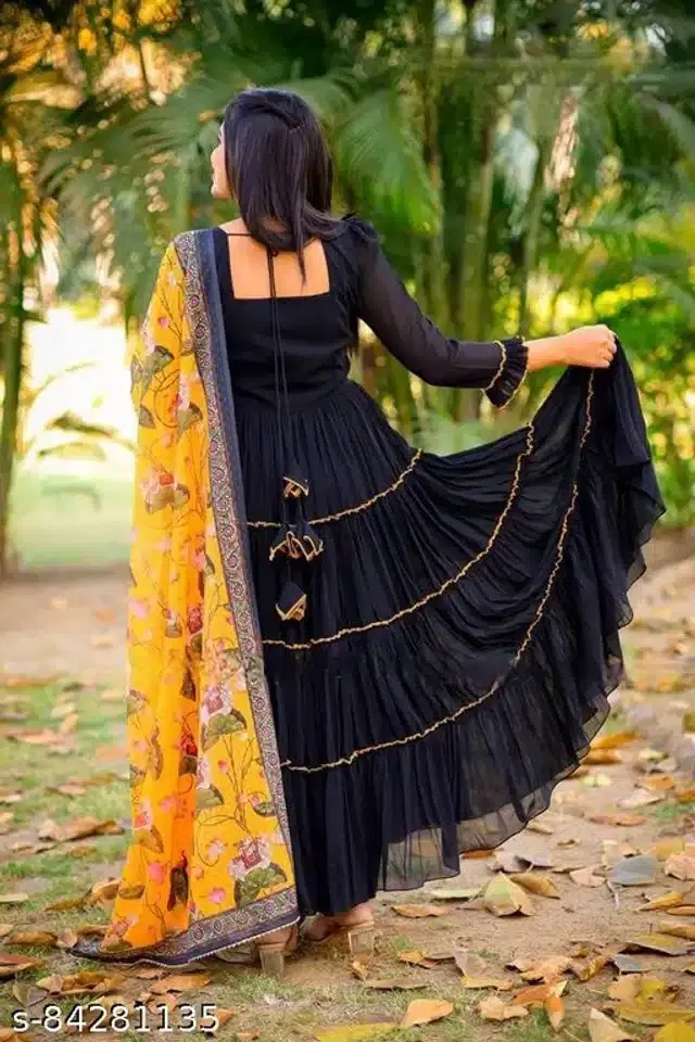 Women's Anarkali Flared Gown (Black, L)