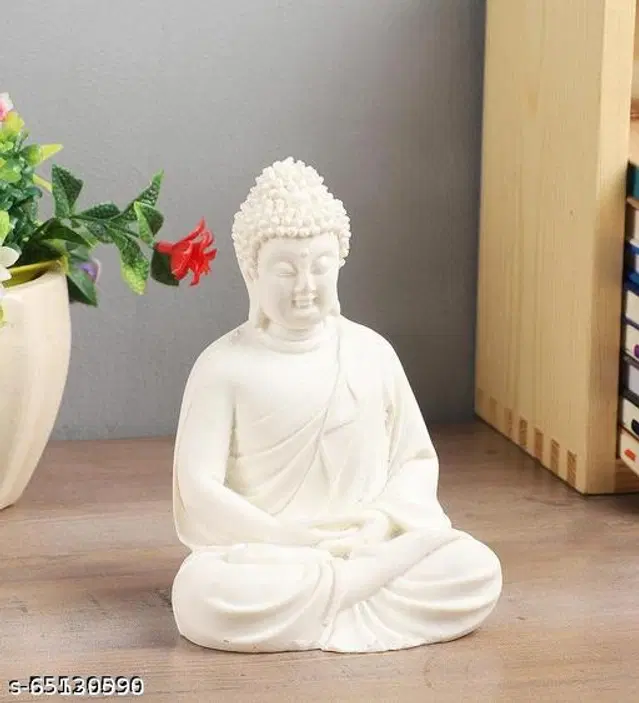 Handcrafted Polymarble Meditation Buddha Idol, White