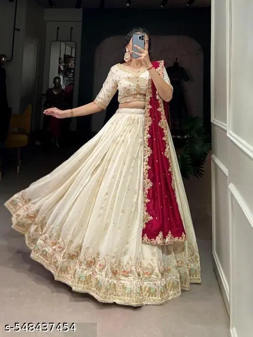 Lehenga Choli for Women (White, Semi Stitched)
