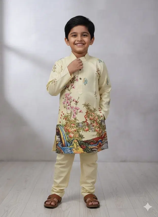 Silk Blend Printed Kurta & Payjama Set For Boys, Yellow (3 - 4 Years)