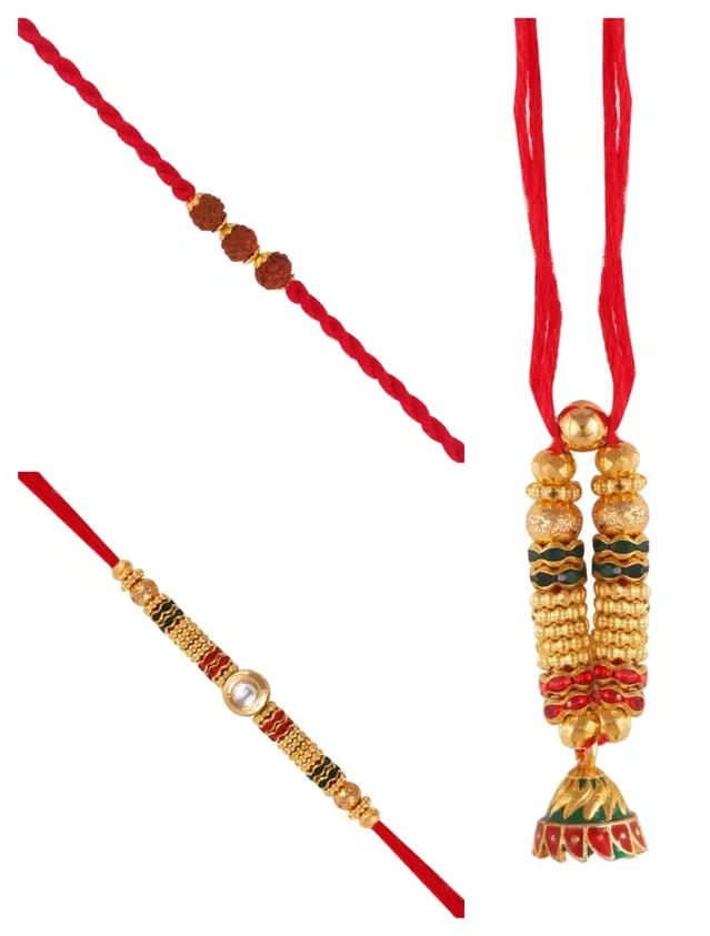 Designer Rakhi with Pearls Lumba for Rakshabandhan, Multicolor, Pack of 3