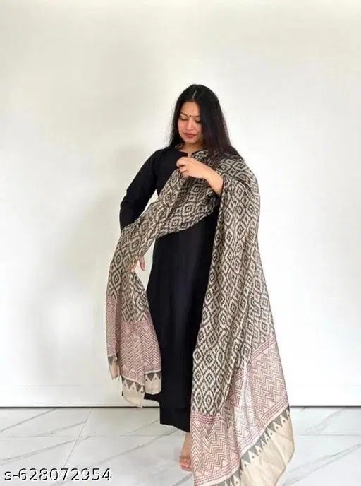 Rayon Printed Kurta Set with Dupatta for Women, Black (S)