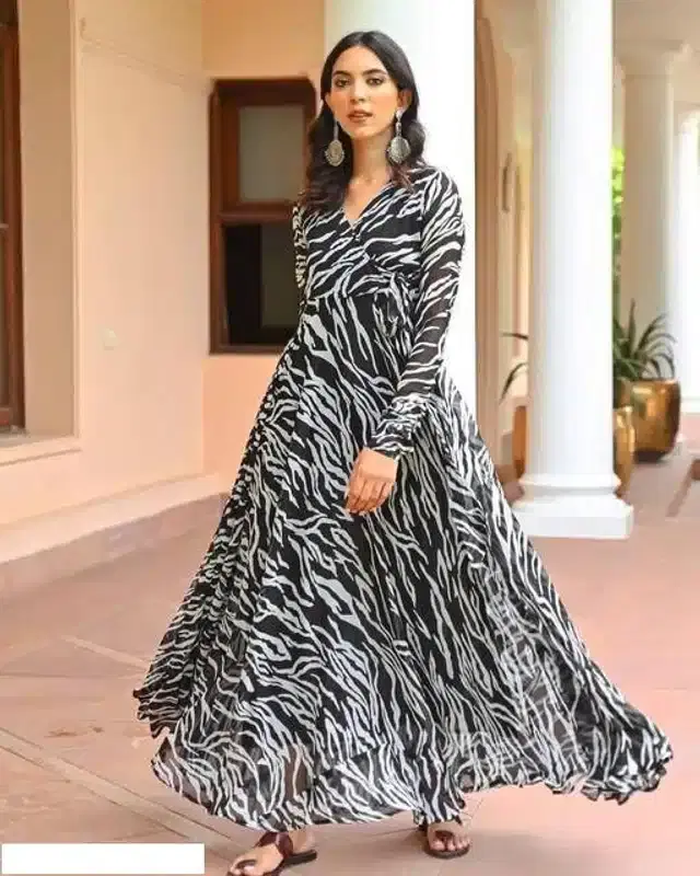 Women's Printed Anarkali Flared Gown (Black, M)