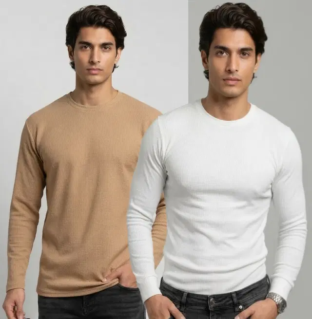 Polyester T-shirt for Men, Beige & White, Pack of 2 (M)