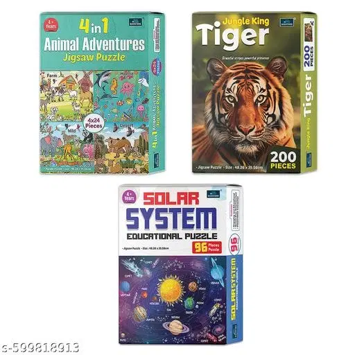 4 In 1 Animals Adventures + Solar System + Jungle King Tiger| Set of 3 - Engaging Puzzle Learning Fun for Kids!
