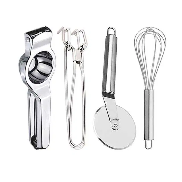 Stainless Steel Lemon Squeezer & Pakkad & Pizza Cutter & Egg Whisk For Kitchen, Set of 4, OC-056