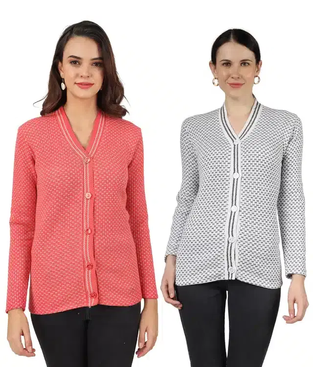 Woollen Blend Full Sleeves Cardigan for Women, Pack of 2 (Orange & White, M)
