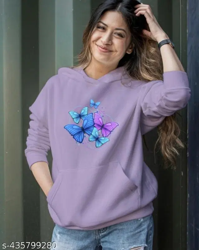 Fleece Printed Hoodie for Women (Lavender, S)