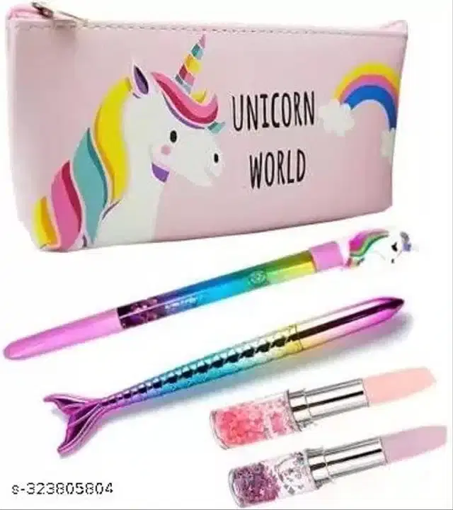 Combo of Unicorn Pouch, 2 Pcs Lipstick Shape Pen, 1 Pc Glitter Pen & 1 Pc Mermaid Pen, Multicolor, Set of 4