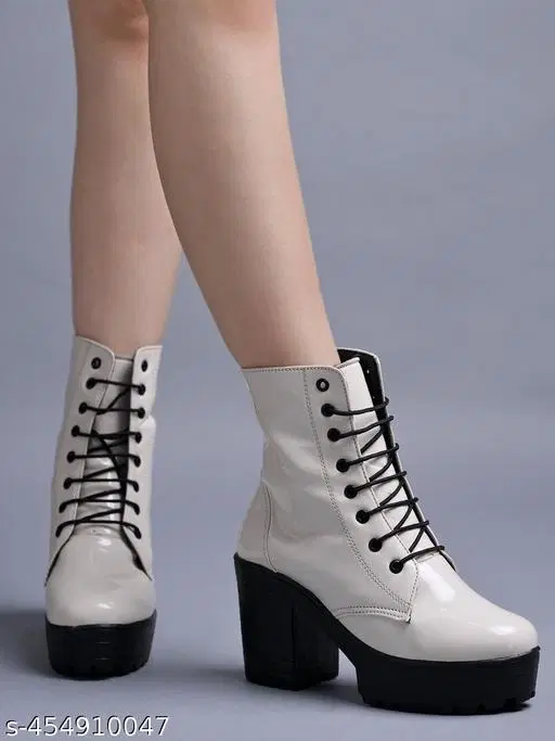 Shoetopia Solid Patent Leather Block Heel Boots Cream (IND-3)