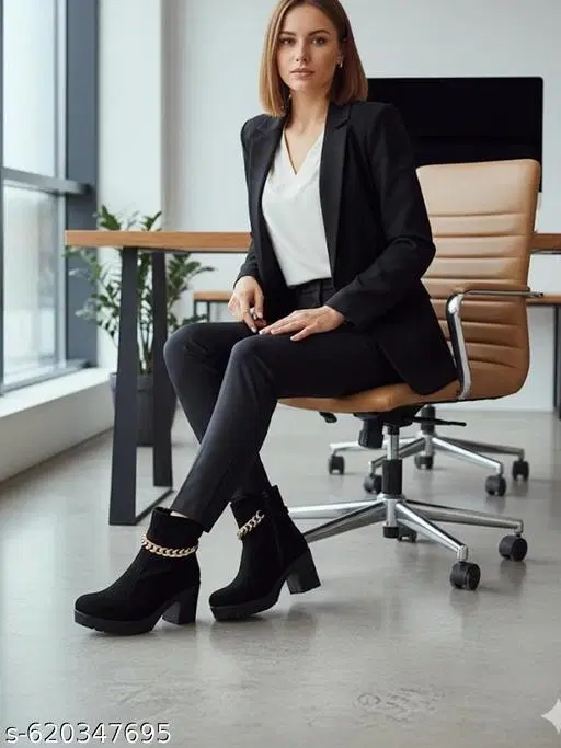 Solid Suede Heeled Boots for Women Black (3)