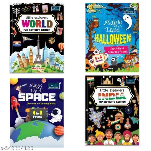 Little Explorers INDIA & WORLD Activity Editions with Stickers + Magic Land Space (Age 4–8) & Halloween Activity & Coloring Books – Set of 4 Fun & Creative Books for Kids