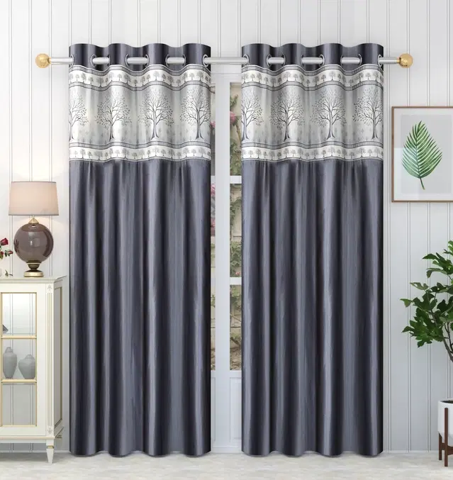 Polyester Printed Curtains for Door & Window, Grey, 5 feet, Pack of 2