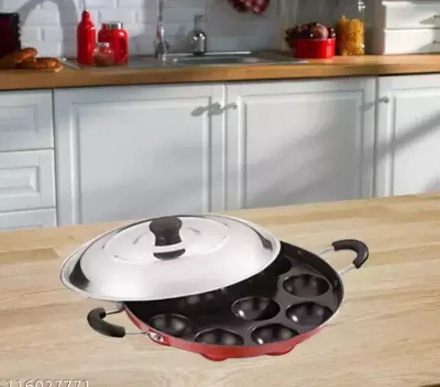 ZODEX 12 Cavities Non Stick Appam Patra with Lid and Side Handle, Multicolor, 21 cm