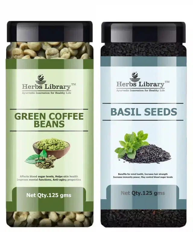 Herbs Library Green Coffee Beans and Basil Seeds, Pack of 2, 125 g