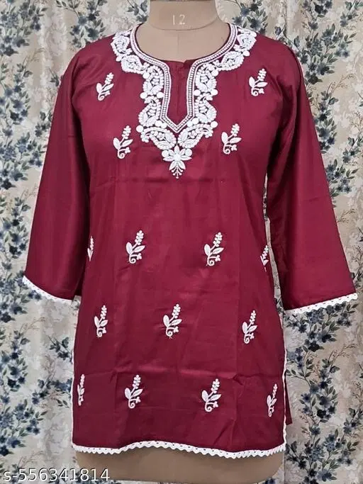 Cotton Chikankari Short Kurti for Women, Maroon (XL)