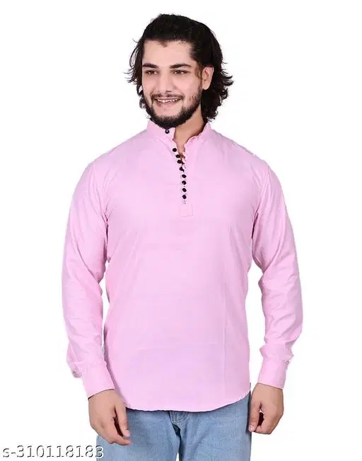 Cotton Blend Solid Short Kurta for Men, Pink (M)