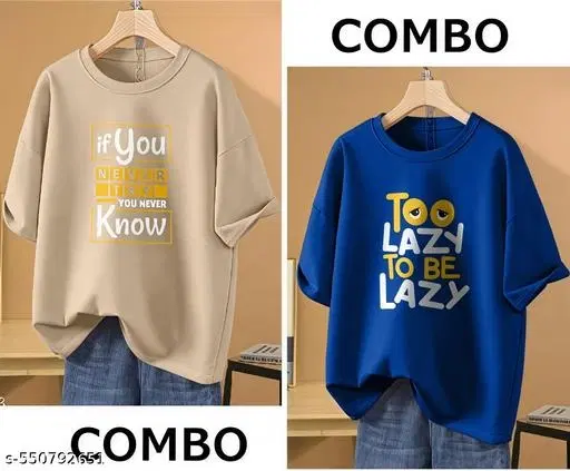 Cotton Blend Printed T-Shirt for Women, Beige & Blue, Pack of 2 (M)