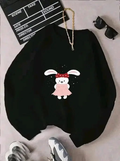 Fleece Printed Sweatshirt for Women (Black, S)