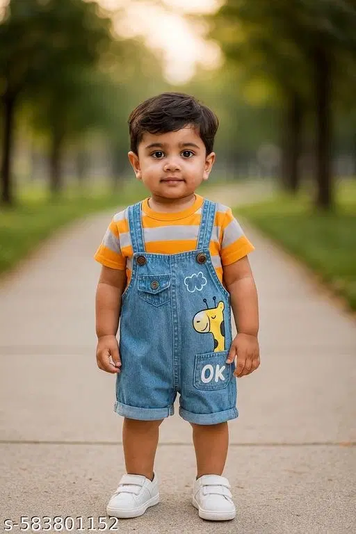 Hosiery Cotton & Denim Printed Clothing Set for Kids, Orange & Blue (0-3 Months)